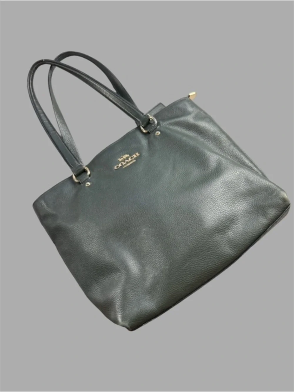 Coach Pebbled Leather Zip Top Tote Shoulder Bag Dark Green Gold Hardware